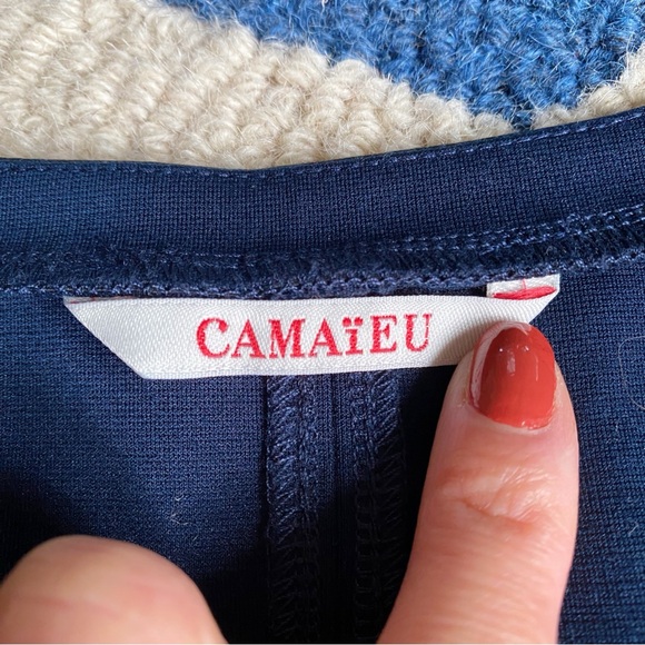 💙 CAMAIEU NAVY BLACK FAUX LEATHER TRIM CAPRI SLEEVE DRESS! - Picture 11 of 12